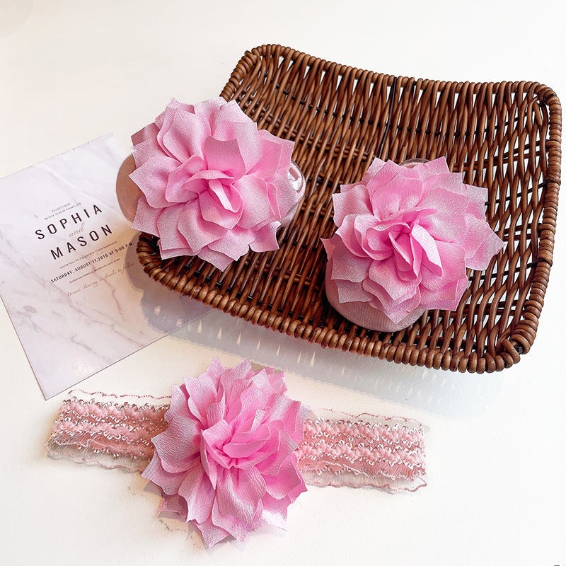Generic Cute Newborn Socks and Headband Set Cartoon Korean Style Baby Accessories Fabric Flower (Pink) 