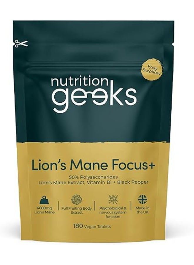 Nutrition Geeks مكمل فطر ذيل الأسد 4000 ملغ مع فيتامين ب1 والفلفل الأسود، 180 قرص نباتي - مستخلص فطر ذيل الأسد 15:1 (ليس مسحوق أو كبسولات ذيل الأسد)، مصنوع في المملكة المتحدة لأداء عقلي ونظام عصبي - Image 1