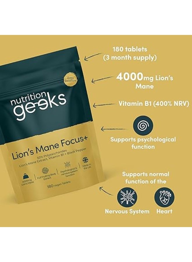 Nutrition Geeks مكمل فطر ذيل الأسد 4000 ملغ مع فيتامين ب1 والفلفل الأسود، 180 قرص نباتي - مستخلص فطر ذيل الأسد 15:1 (ليس مسحوق أو كبسولات ذيل الأسد)، مصنوع في المملكة المتحدة لأداء عقلي ونظام عصبي - Image 2