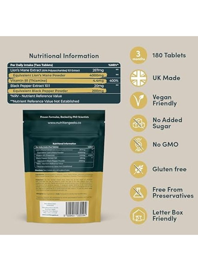 Nutrition Geeks مكمل فطر ذيل الأسد 4000 ملغ مع فيتامين ب1 والفلفل الأسود، 180 قرص نباتي - مستخلص فطر ذيل الأسد 15:1 (ليس مسحوق أو كبسولات ذيل الأسد)، مصنوع في المملكة المتحدة لأداء عقلي ونظام عصبي - Image 4