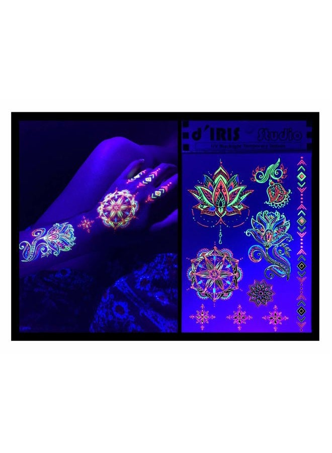 d'IRIS studio Temporary Tattoos for Glow Party UV Blacklight – 1 Sheet Lotus Floral Body Paint Art Light Festival Accessories Glow in the Dark Makeup | 7.2” x 5.2” Temp Great for EDM EDC Party Rave Parties  - Image 4