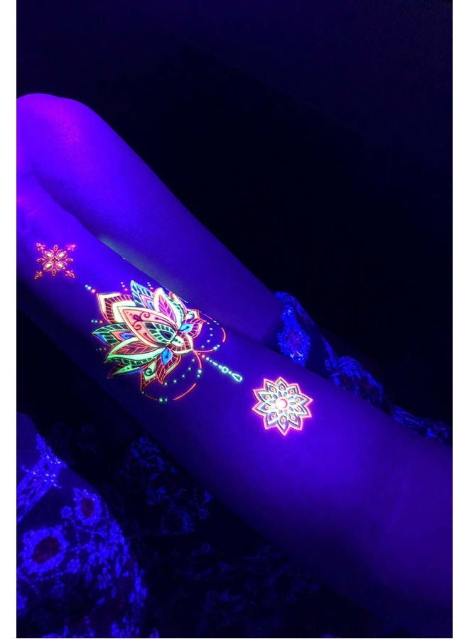d'IRIS studio Temporary Tattoos for Glow Party UV Blacklight – 1 Sheet Lotus Floral Body Paint Art Light Festival Accessories Glow in the Dark Makeup | 7.2” x 5.2” Temp Great for EDM EDC Party Rave Parties  - Image 2