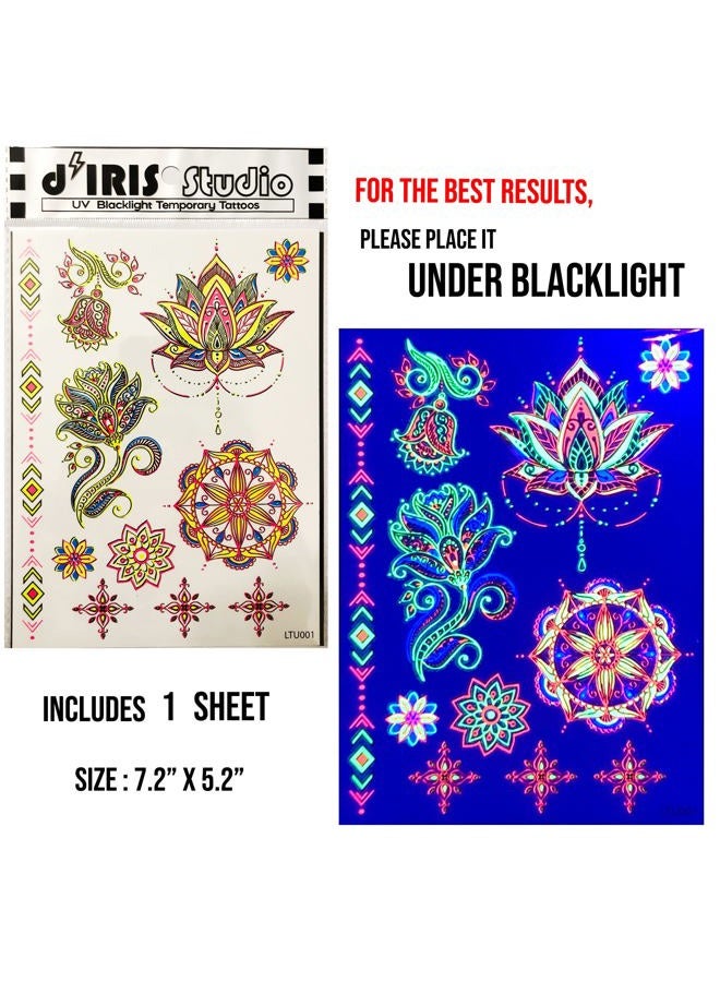 d'IRIS studio Temporary Tattoos for Glow Party UV Blacklight – 1 Sheet Lotus Floral Body Paint Art Light Festival Accessories Glow in the Dark Makeup | 7.2” x 5.2” Temp Great for EDM EDC Party Rave Parties  - Image 5