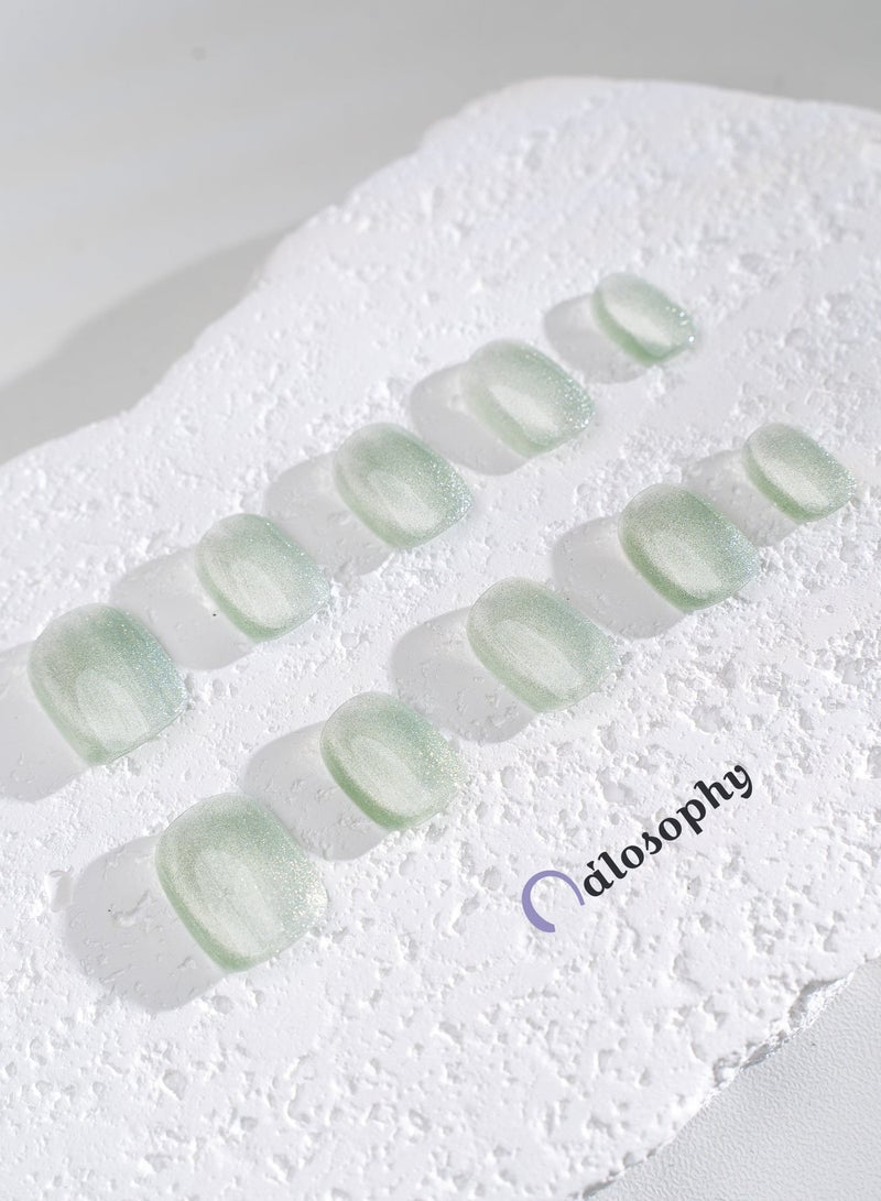 Nailosophy 10 Pcs Handmade Gel Press On Nails Short Oval Grey Silver Cat Eye Reusable False Nails Nail Kit for Women Daily Wear Wedding Party - Image 2