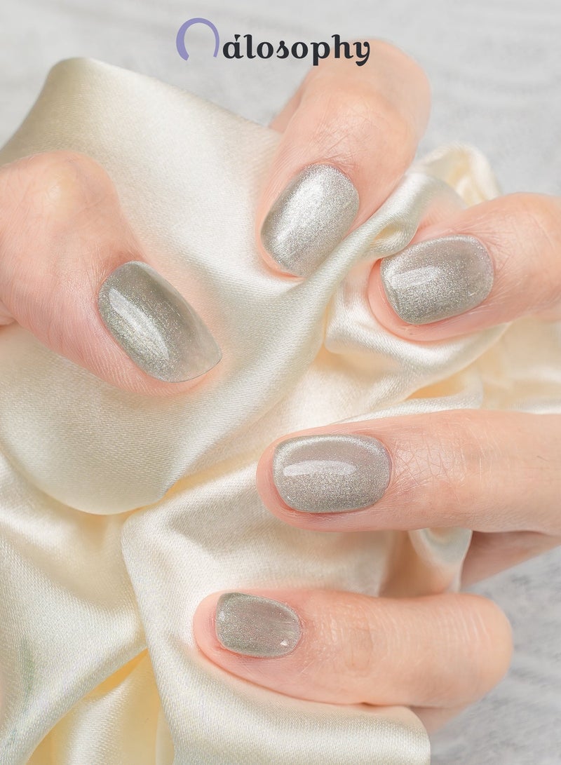 Nailosophy 10 Pcs Handmade Gel Press On Nails Short Oval Grey Silver Cat Eye Reusable False Nails Nail Kit for Women Daily Wear Wedding Party - Image 1