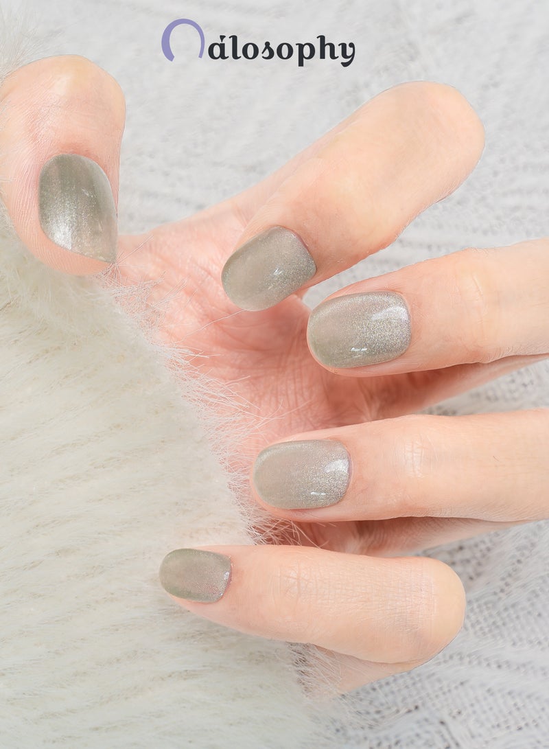 Nailosophy 10 Pcs Handmade Gel Press On Nails Short Oval Grey Silver Cat Eye Reusable False Nails Nail Kit for Women Daily Wear Wedding Party - Image 3