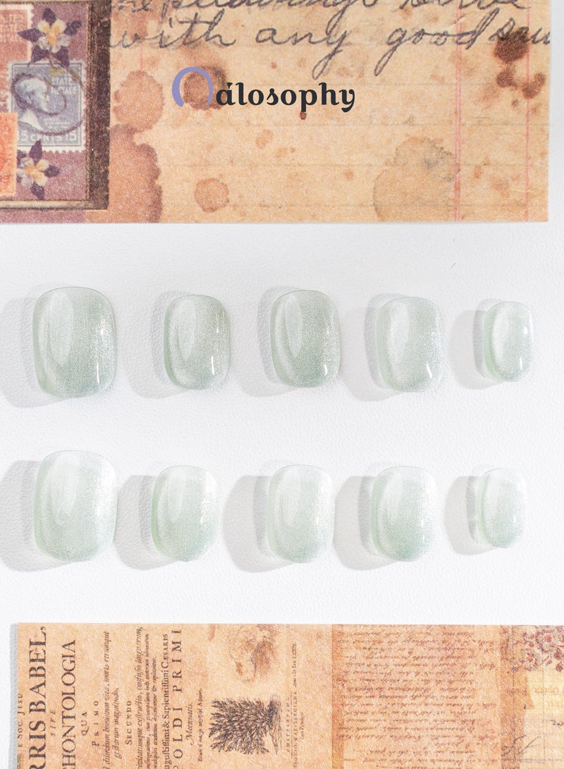 Nailosophy 10 Pcs Handmade Gel Press On Nails Short Oval Grey Silver Cat Eye Reusable False Nails Nail Kit for Women Daily Wear Wedding Party - Image 4