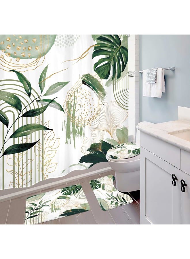 Mitpok 4 PCS Sage Green Boho Shower Curtain Set 72Wx72H, Non-Slip Bath Rug Toilet Lid Cover and U Shape Mat Modern Tropical Palm Leaves Complete Bathroom Set Accessories with 12 Hooks Bathroom Decor - Image 3
