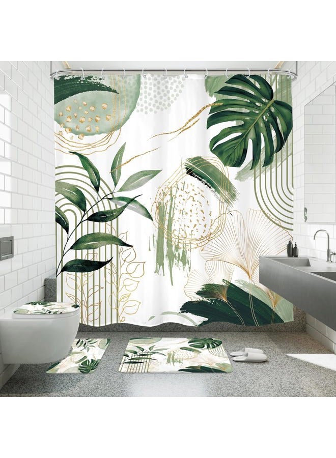 Mitpok 4 PCS Sage Green Boho Shower Curtain Set 72Wx72H, Non-Slip Bath Rug Toilet Lid Cover and U Shape Mat Modern Tropical Palm Leaves Complete Bathroom Set Accessories with 12 Hooks Bathroom Decor - Image 1