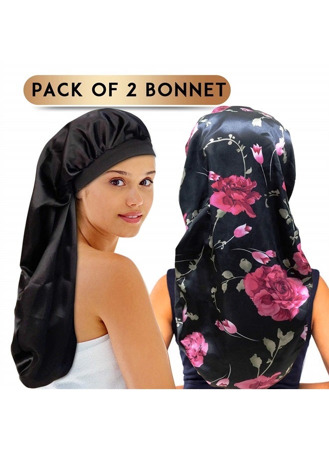 2Pcs Long Satin Bonnet Sleep Cap,Extra Large Braids Bonnets for Sleeping,Long Hair,Soft&Comfortable Elastic Band Bonnets for Women Night Sleep,Hair Bonnets for Women Satin (Black+Red Pattern)