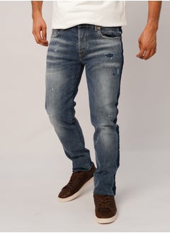 Men’s Faded Patch Work Full Length Denim in Blue