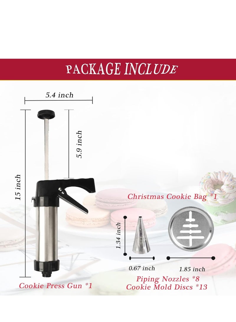 Cookie Press, Baking-Stainless Steel Cookie Press Gun+13 Cookie Discs+8 Icing Nozzles, Spritz Cookie Press Gun Kit for Making and Decorating Cookies - Image 2