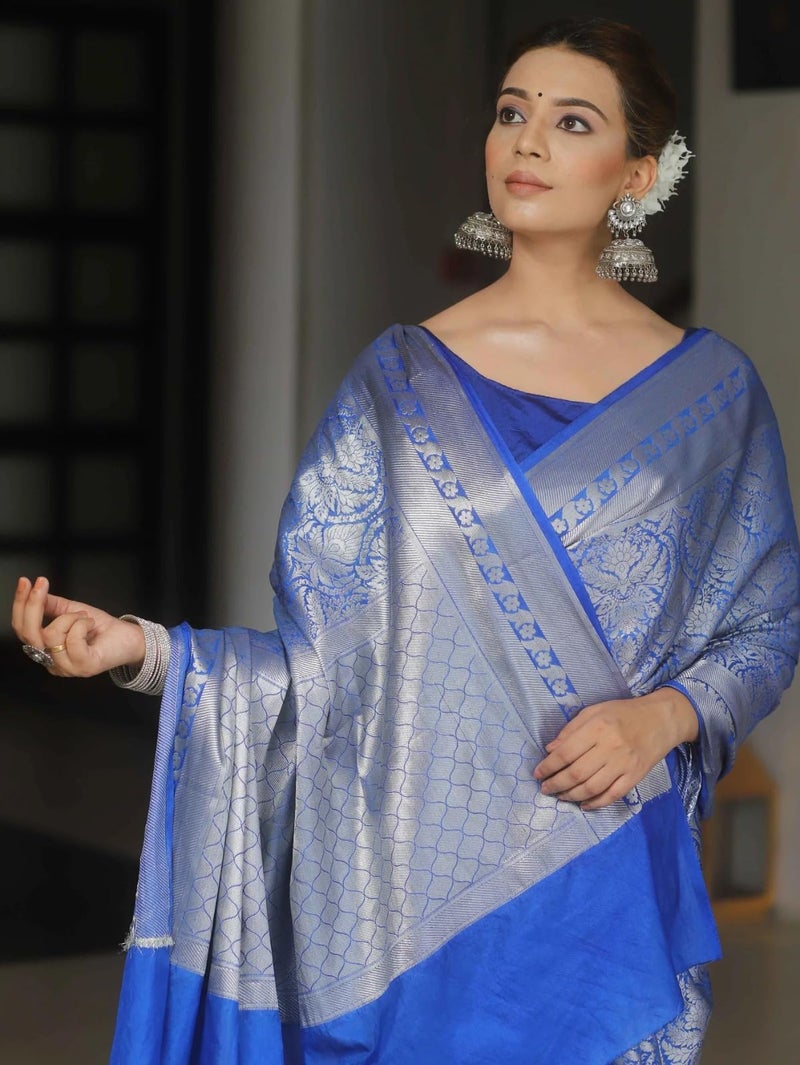 SGF11 Women's Trendy Kanjivaram Soft Lichi Silk Saree With Blouse Piece (Blue Silver) - Image 3