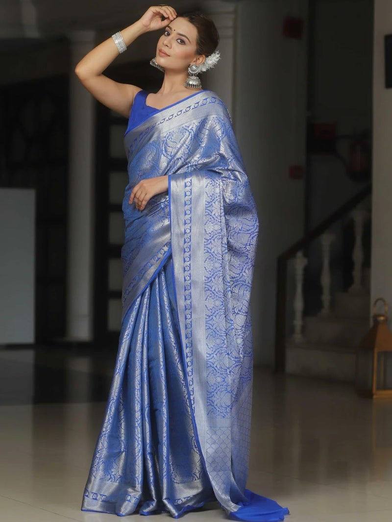 SGF11 Women's Trendy Kanjivaram Soft Lichi Silk Saree With Blouse Piece (Blue Silver) - Image 5