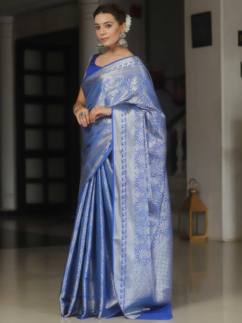 SGF11 Women's Trendy Kanjivaram Soft Lichi Silk Saree With Blouse Piece (Blue Silver) - Image 2