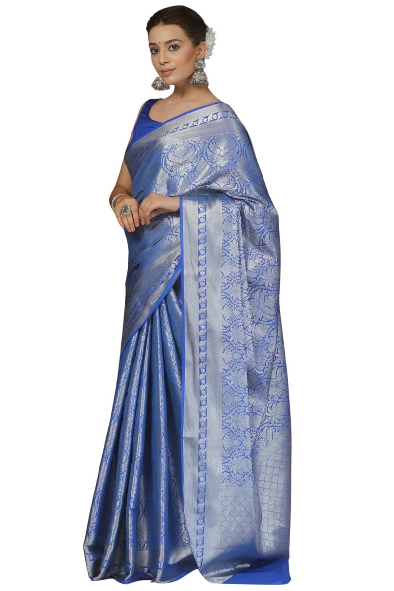 SGF11 Women's Trendy Kanjivaram Soft Lichi Silk Saree With Blouse Piece (Blue Silver) - Image 1