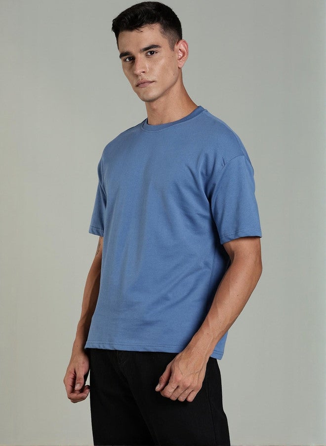 OUTLAWS Men's Solid Blue Round Neck Regular Fit T-shirt - Image 3