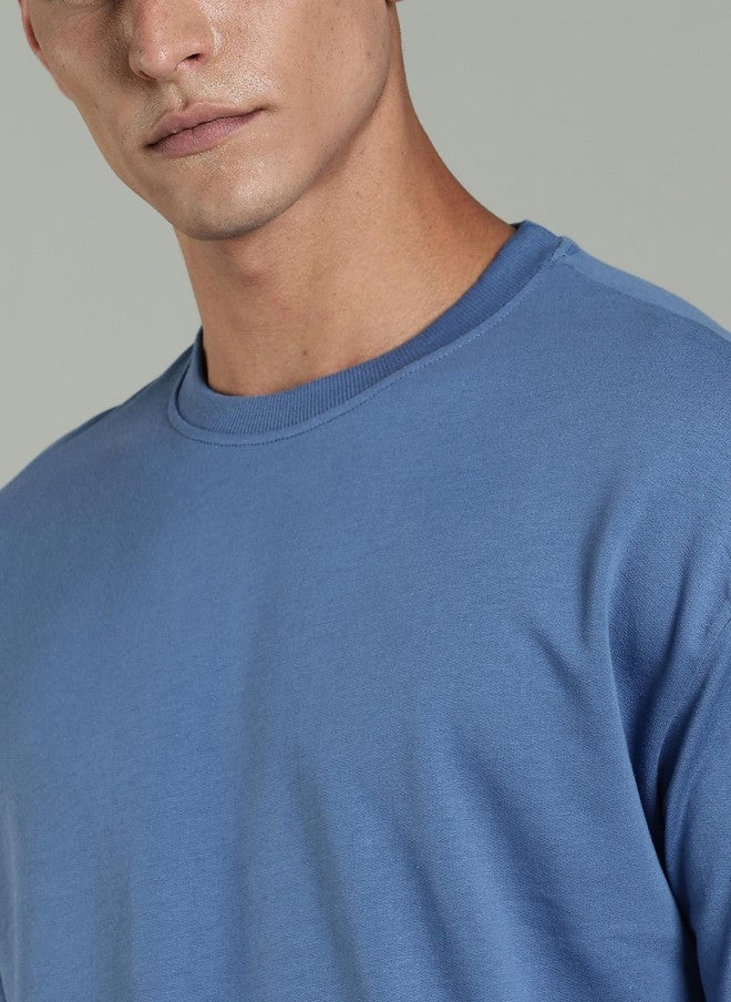 OUTLAWS Men's Solid Blue Round Neck Regular Fit T-shirt - Image 2