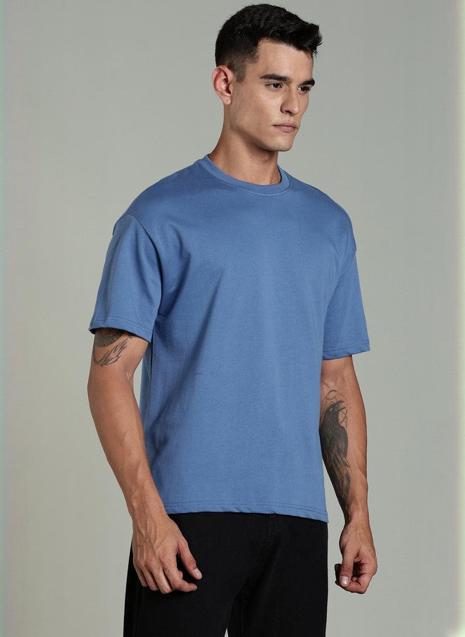 OUTLAWS Men's Solid Blue Round Neck Regular Fit T-shirt - Image 4