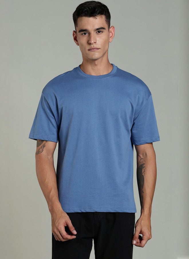 OUTLAWS Men's Solid Blue Round Neck Regular Fit T-shirt - Image 1