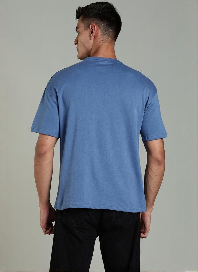 OUTLAWS Men's Solid Blue Round Neck Regular Fit T-shirt - Image 5