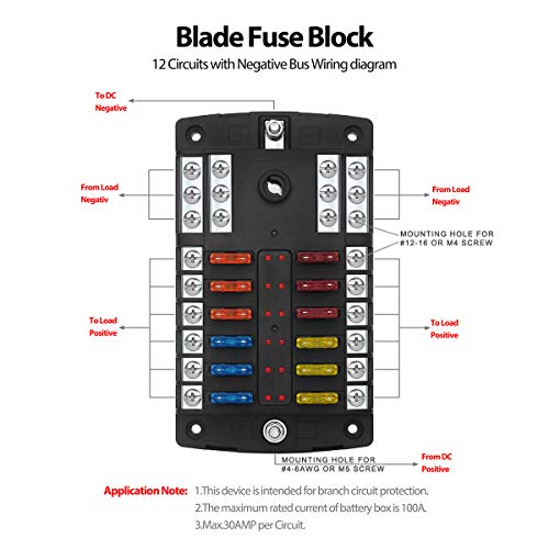 Jtron 12 Way Fuse Holder Box 12-32V with LED Warning Indicator Light Moisture-Proof Cover - with Negative Busbar Bracket, Suitable for Ships, Cars and Trucks, with 5A 10A 15A 20A 25A Plug Included - Image 5