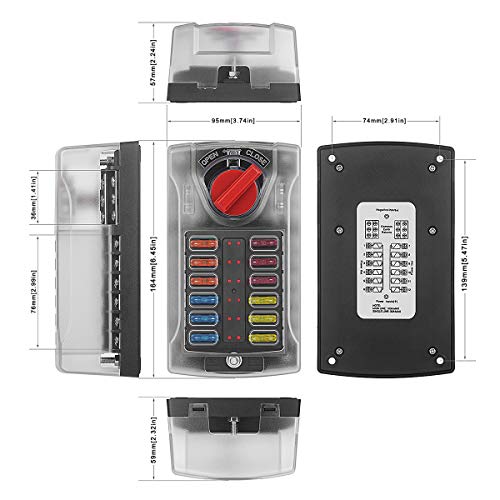 Jtron 12 Way Fuse Holder Box 12-32V with LED Warning Indicator Light Moisture-Proof Cover - with Negative Busbar Bracket, Suitable for Ships, Cars and Trucks, with 5A 10A 15A 20A 25A Plug Included - Image 4