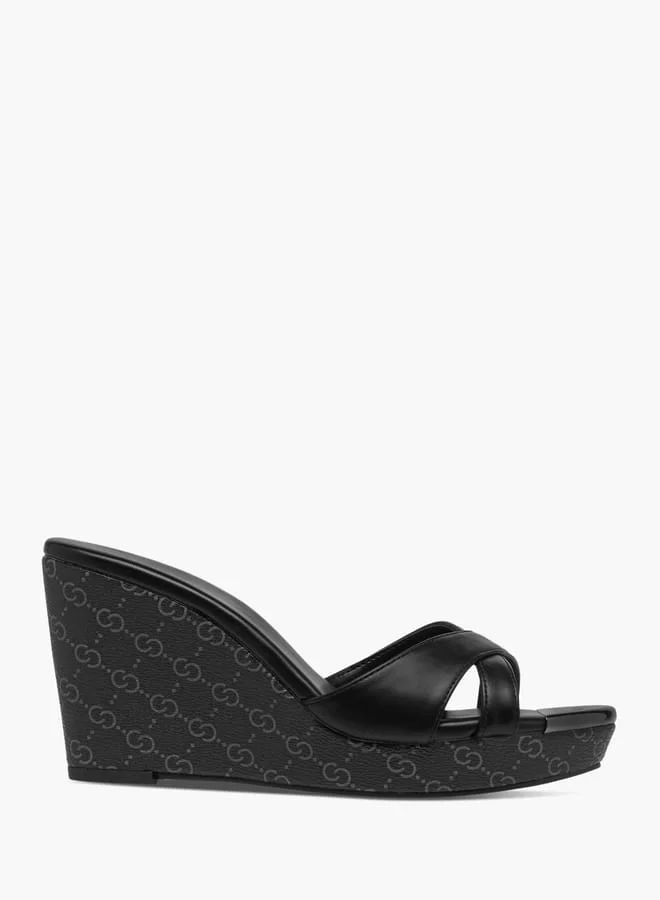 Celeste Womens Monogram Print Cross Strap Slip-On Sandals With Wedge Heels