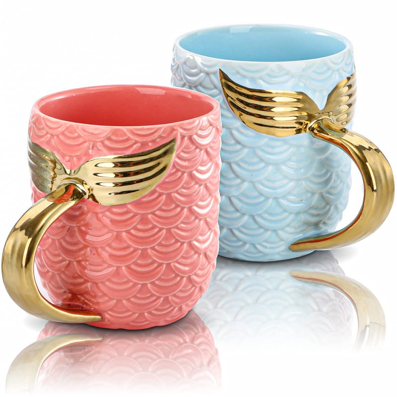 Youeon 2 Pack 15 Oz Mermaid Mugs with Gold Tail Handle Cute Coffee Mugs with Gift Box Ceramic Mug Set Big Tea Cup Mermaid Gift for Women Men Birthday Valentine Wedding