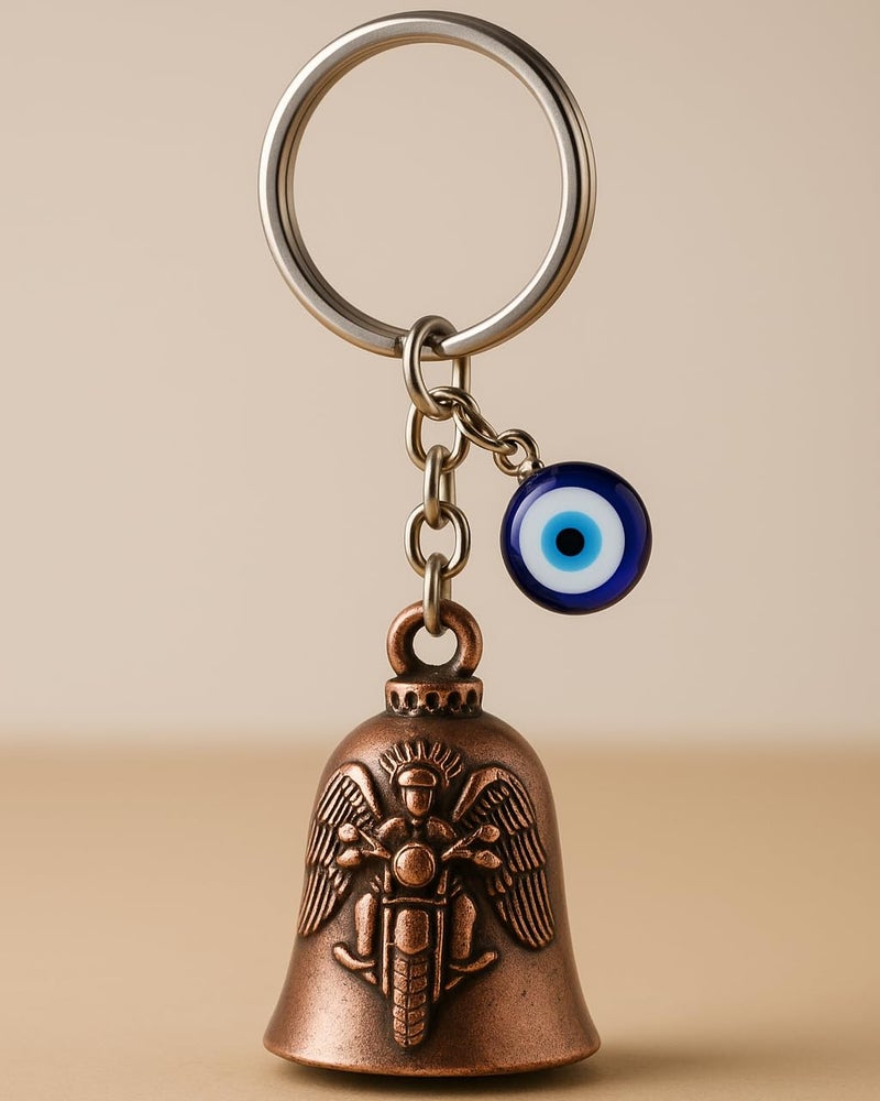 Tiny Tim Store Guardian Bell with Evil Eye Charm – Protective Motorcycle & Car Accessory – Tibetan-Inspired Design – Wards Off Negative Energy – Ideal Gift for Bikers & Travelers - Image 1