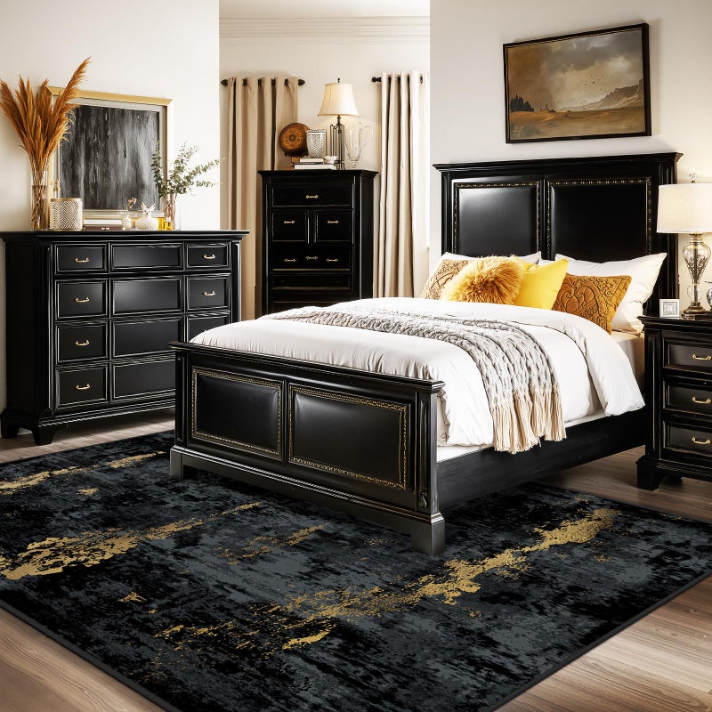 RELEANY Washable Area Rugs 5'x7' Non-Slip Modern Abstract Soft for Living Room Entryway Bedroom Nursery, Print Pattern, Dark Black Gold - Image 2