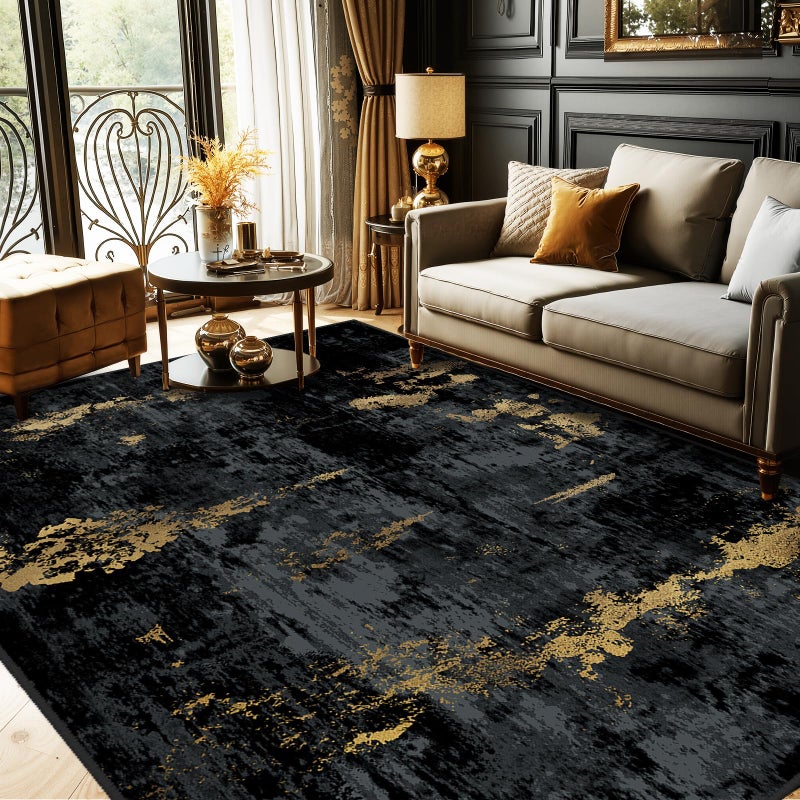 RELEANY Washable Area Rugs 5'x7' Non-Slip Modern Abstract Soft for Living Room Entryway Bedroom Nursery, Print Pattern, Dark Black Gold - Image 1