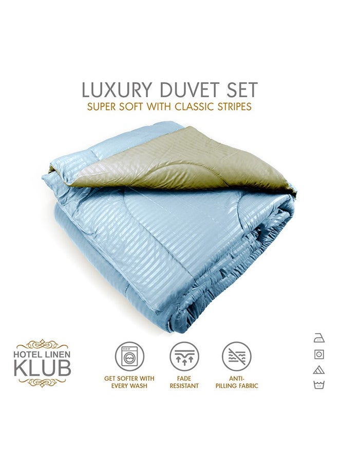 Hotel Linen Klub  Reversible Down Alternative Comforter  Set -Ultra Soft Brushed Stripe Microfiber Fabric, 200GSM Soft Fibersheet Filling, Size : King  240 x 260cm , Color: Aqua & Olive