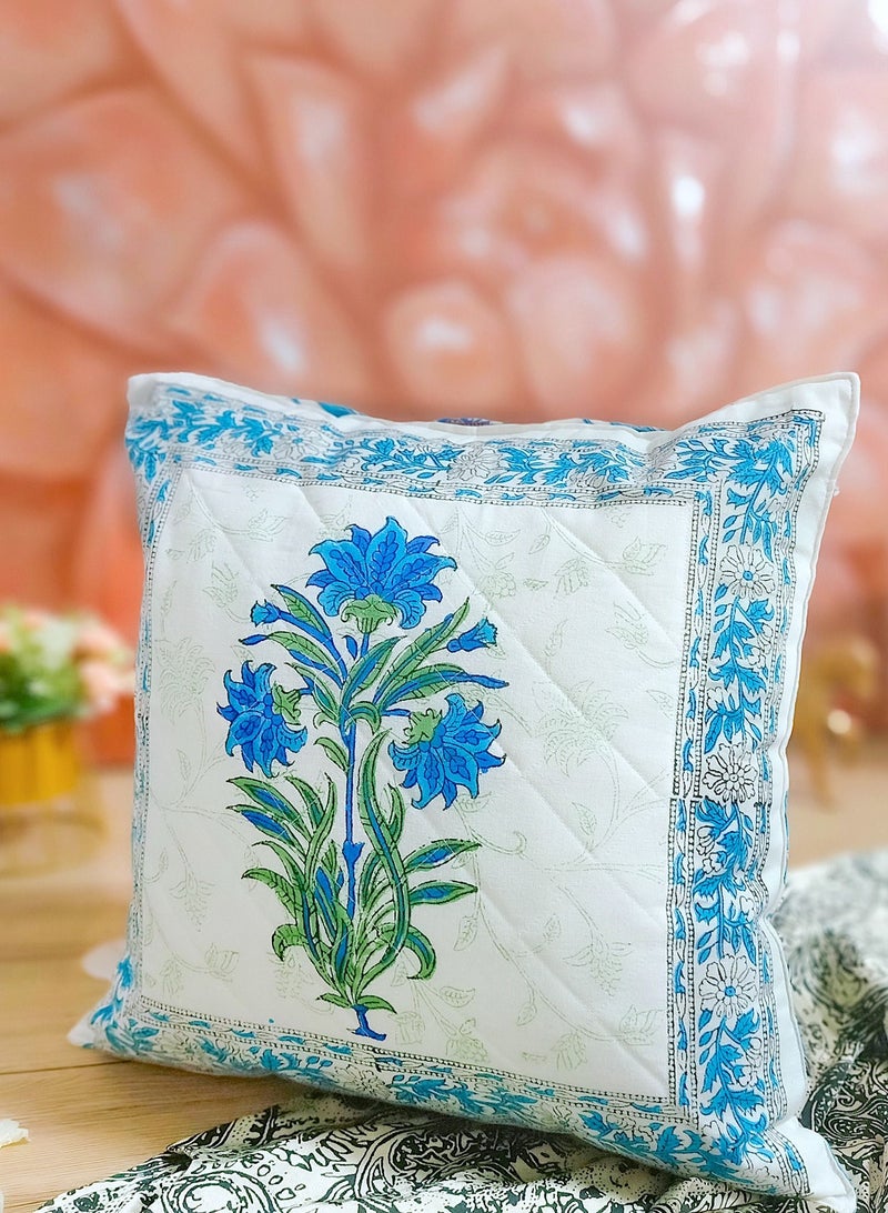 OJARIYA Blue Lagoon Premium Organic Cotton Non-Allergenic Quilted Hand Block Printed Cushion Cover 40 Cm X 40 Cm - Image 3
