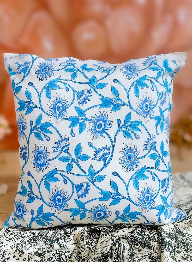 OJARIYA Blue Lagoon Premium Organic Cotton Non-Allergenic Quilted Hand Block Printed Cushion Cover 40 Cm X 40 Cm - Image 4