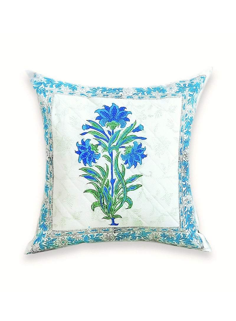 OJARIYA Blue Lagoon Premium Organic Cotton Non-Allergenic Quilted Hand Block Printed Cushion Cover 40 Cm X 40 Cm - Image 1