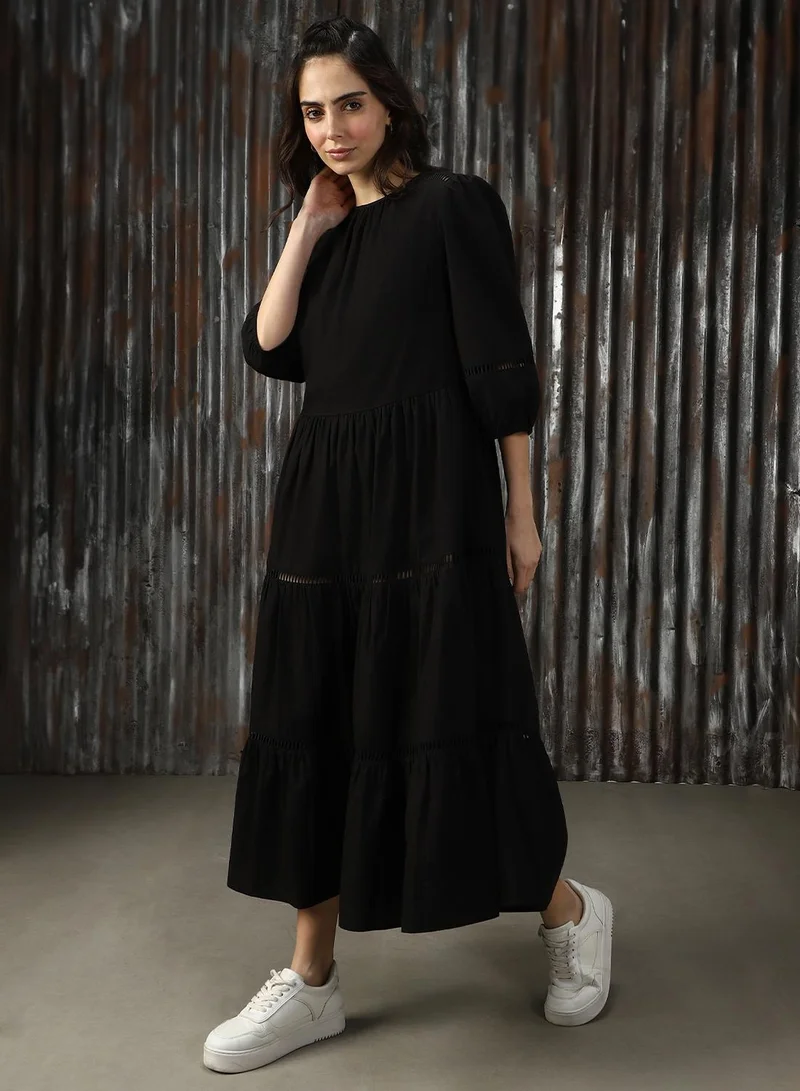 هاي ستار فستان نسائي أسود بوبلين سادة متوسط الطول بتصميم -