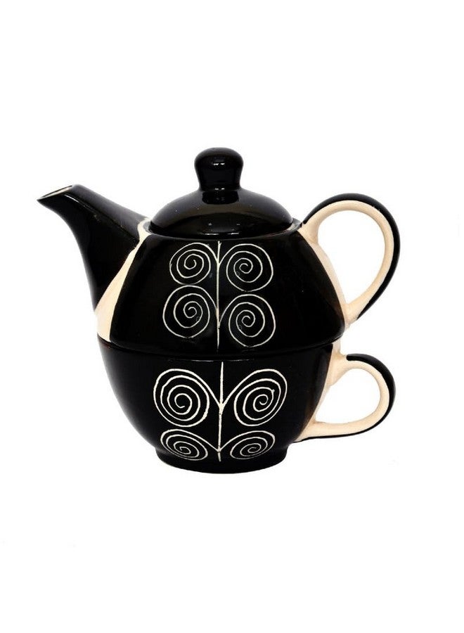 KITTENS Stackable Ceramic Tea Pot & Cup Set - Hand Painted Black Spiral Design - Microwave & Dishwasher Safe - Food Grade - Ideal Gift for Tea & Coffee Lovers - Image 3