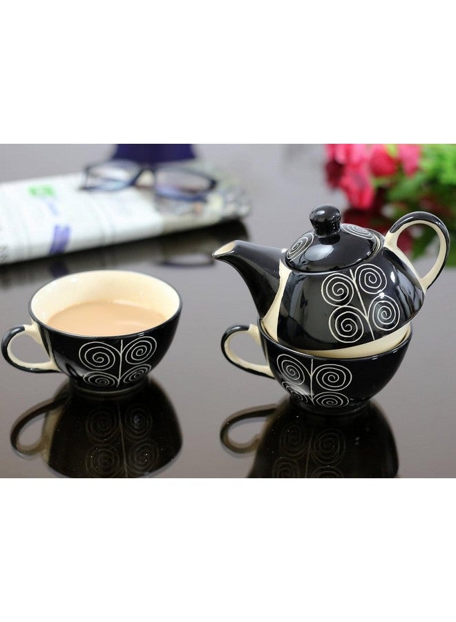 KITTENS Stackable Ceramic Tea Pot & Cup Set - Hand Painted Black Spiral Design - Microwave & Dishwasher Safe - Food Grade - Ideal Gift for Tea & Coffee Lovers - Image 1
