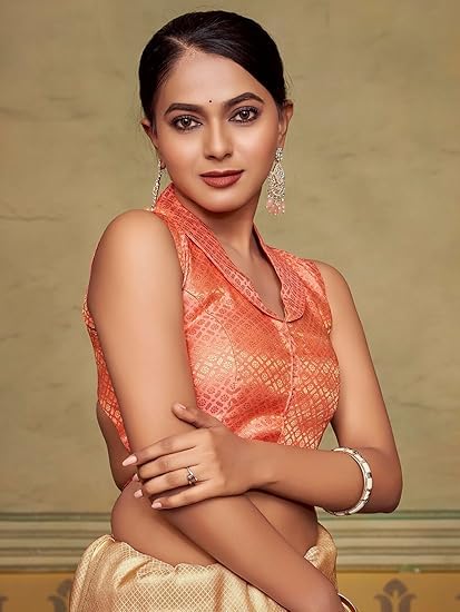 Vardha Women's Brocade Sleeveless Padded Saree Blouse for Women with Collar Neck (Peach) - Image 4
