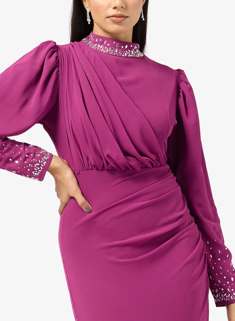 Khizana  Draped Dress With Embellished Neck for Women | Best Price UAE