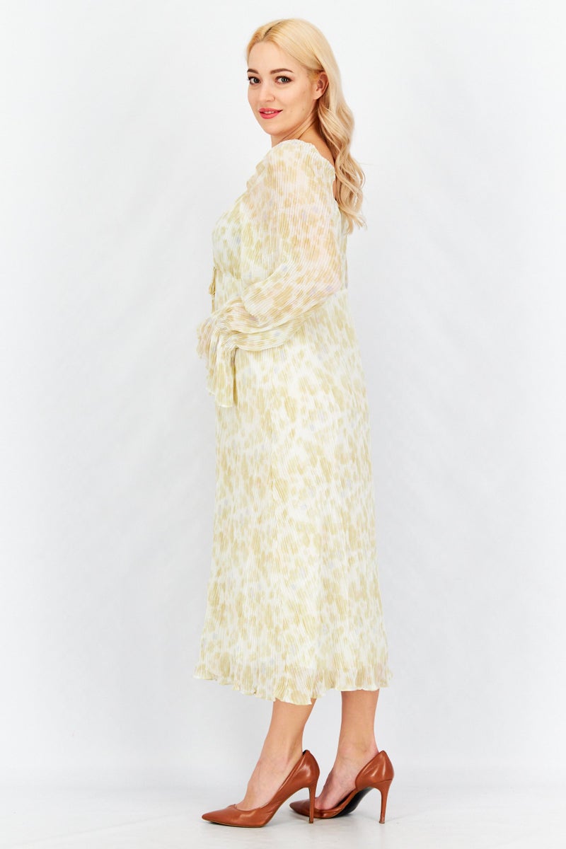 YAS فستان ميدي كاجوال مزخرف بالورود للنساء، أبيض فاتح - Image 3