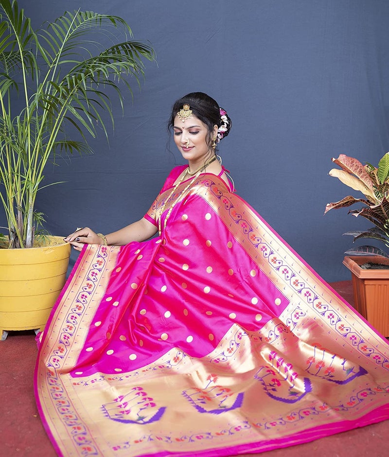 SGF11 Women's Paithani Kanjivaram Soft Silk Saree With Blouse Piece (Pink) - Image 3
