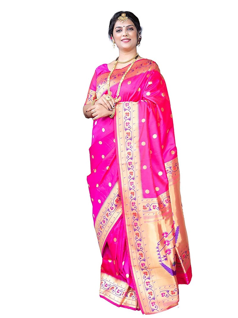 SGF11 Women's Paithani Kanjivaram Soft Silk Saree With Blouse Piece (Pink) - Image 1