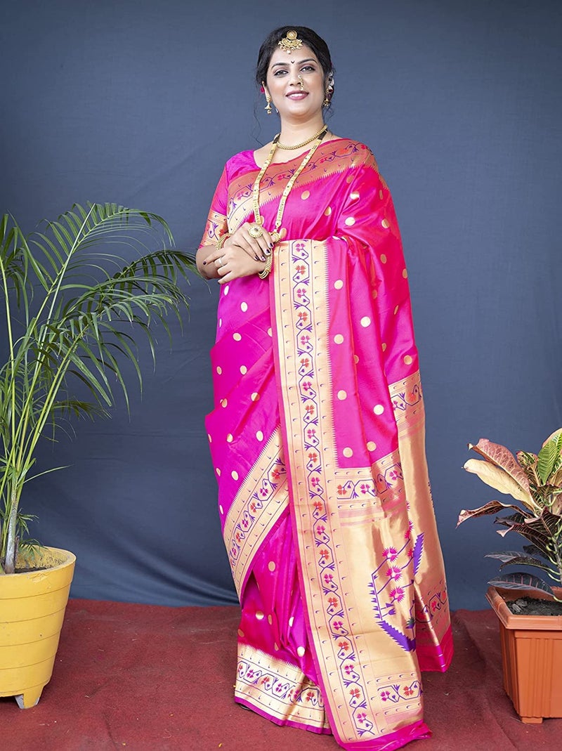 SGF11 Women's Paithani Kanjivaram Soft Silk Saree With Blouse Piece (Pink) - Image 2