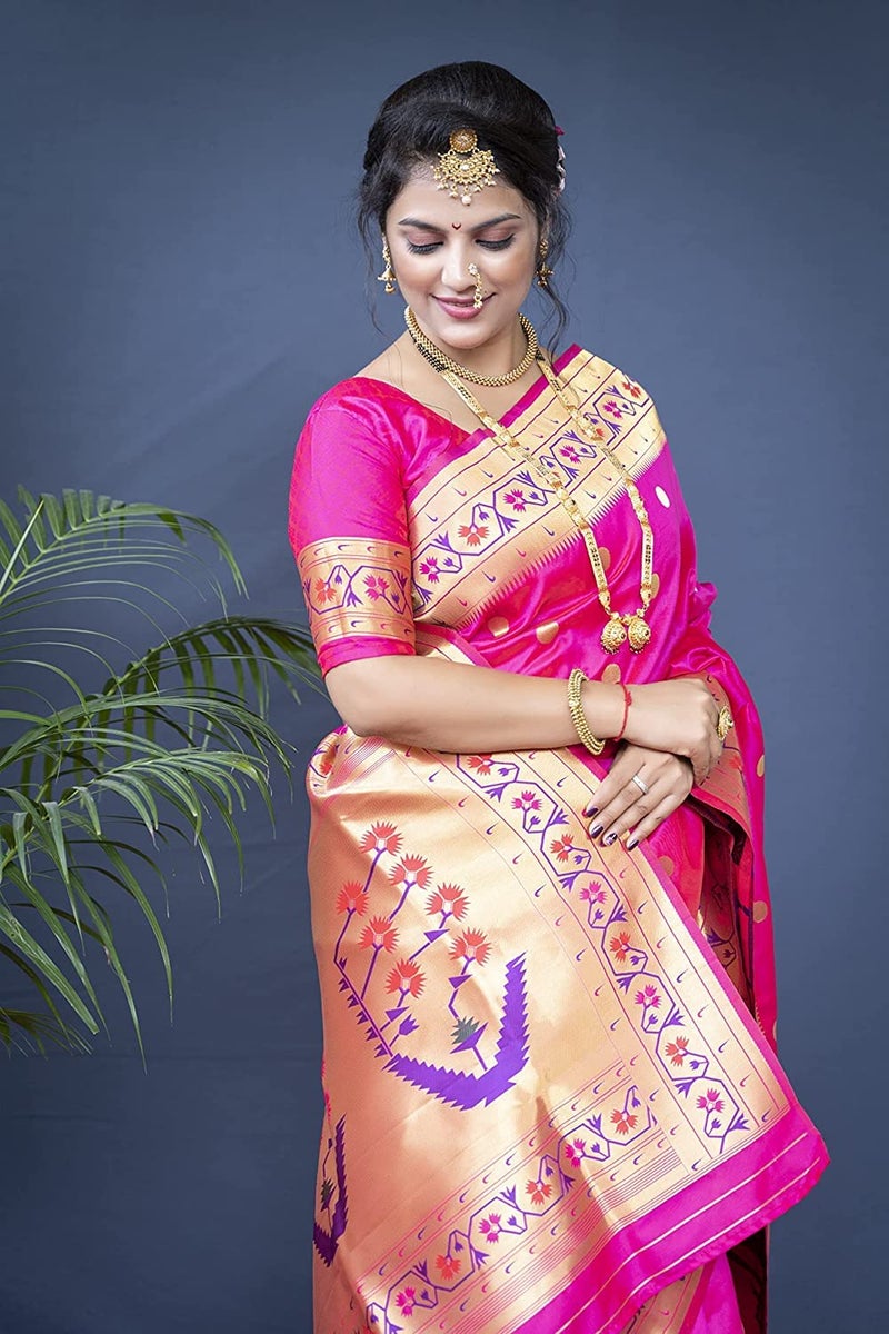 SGF11 Women's Paithani Kanjivaram Soft Silk Saree With Blouse Piece (Pink) - Image 4