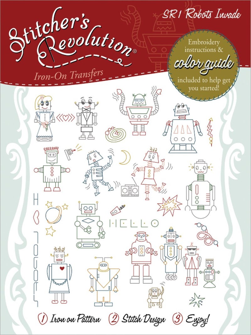 Stitchers Revolution Robots Invade Ironon Transfer Pattern for Embroidery