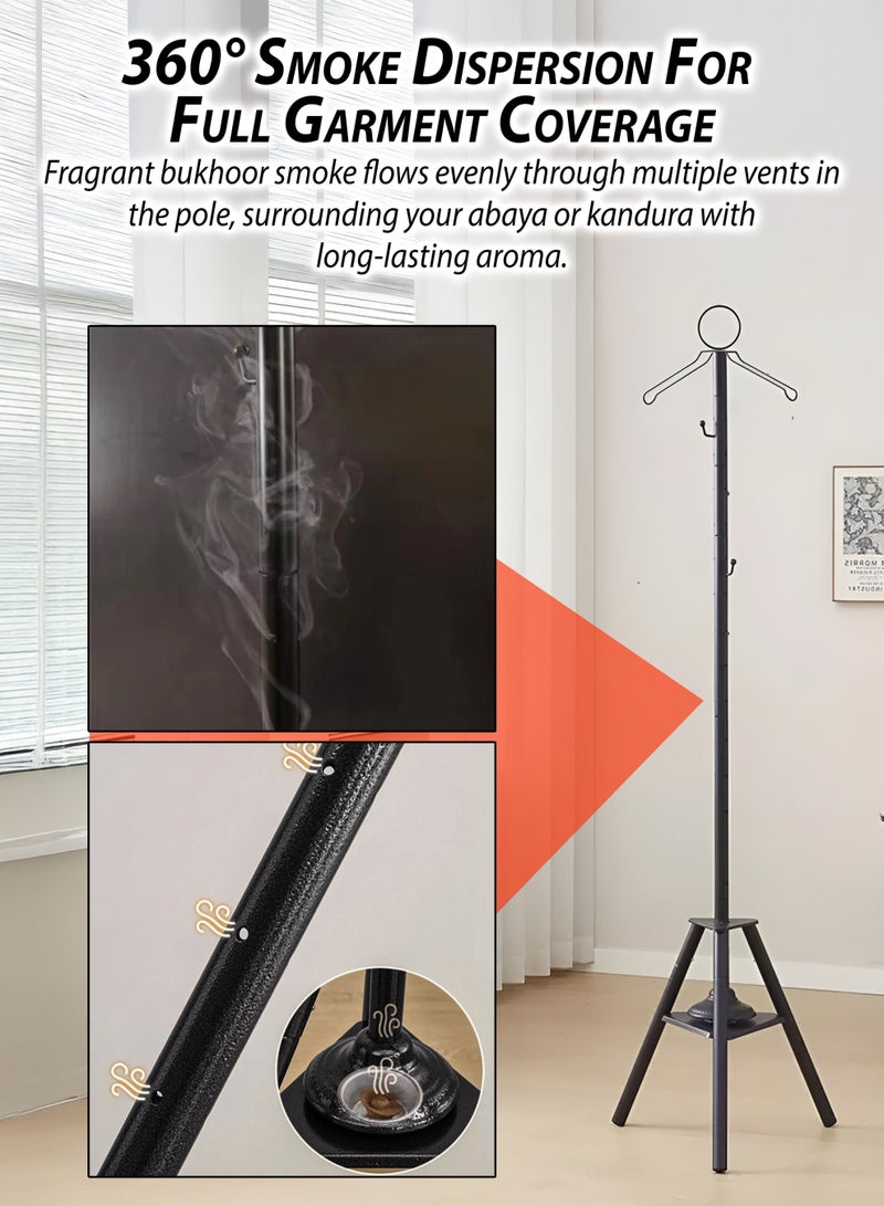 توشونكس حامل مكواة بخار عمودي مع مبخرة عربية للعباية والكندورة والثوب – ارتفاع 185 سم، مصنوع من الفولاذ الكربوني، يحتوي على غطاء مظلة للدخان، فتحات بخار بزاوية 360°، وعلاقة لتعطير الملابس التقليدية باستخدام الدخون، البخور، عود المخمخ، حنين، أسرار، رحاب، الحرمين - Image 5