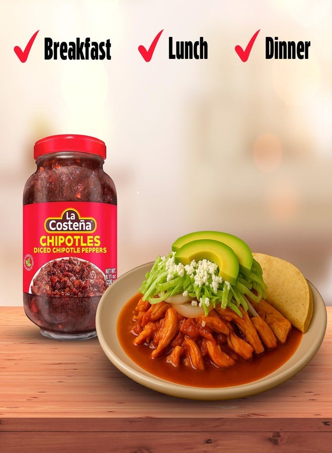 La Costeña Chipotle Peppers - Spicy Smoked Diced Peppers for Chipotle Sauce, Adobo Sauce, Mexican Food, Taco, Enchiladas & Salsa - Pickled Vegetables - Diced Chilis - 8.11oz, 12 Pack Jarred Vegetables - Image 5