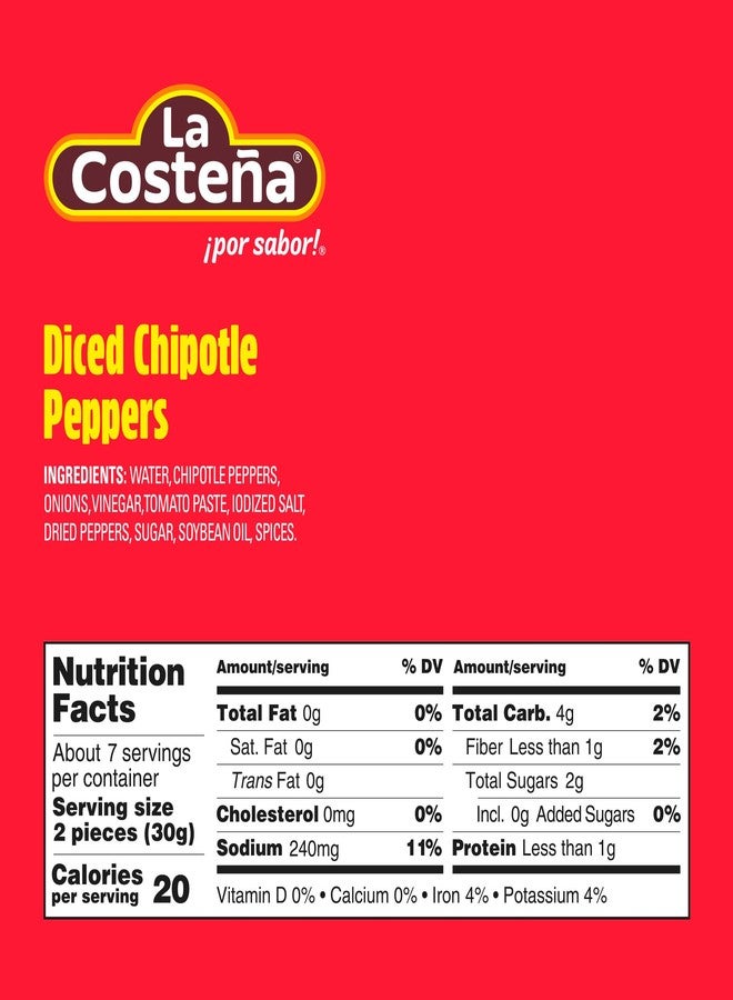 La Costeña Chipotle Peppers - Spicy Smoked Diced Peppers for Chipotle Sauce, Adobo Sauce, Mexican Food, Taco, Enchiladas & Salsa - Pickled Vegetables - Diced Chilis - 8.11oz, 12 Pack Jarred Vegetables - Image 2
